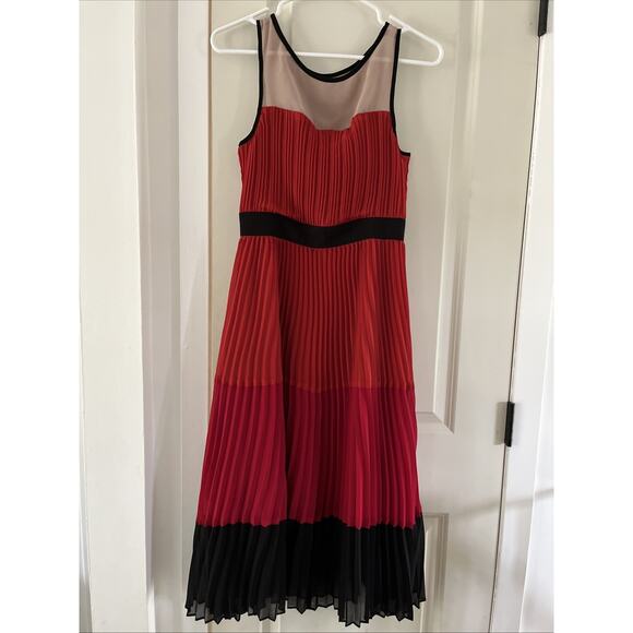 ABS Allen Schwartz Pleated Sleeveless Cocktail Midi Dress Sz 4 Red Orange Black - Picture 1 of 13